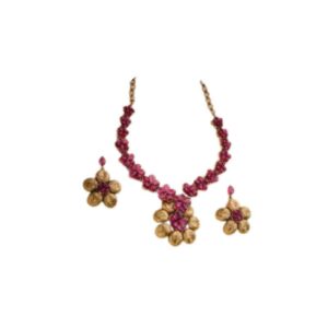 Floral Design Plated Pink Stone Necklace With Drops